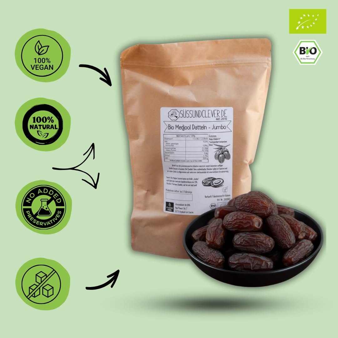 süssundclever.de® | Bio Medjool Datteln aus Palästina | Jumbo | 1 kg | kompostierbare Verpackung - besonders saftig und sehr groß