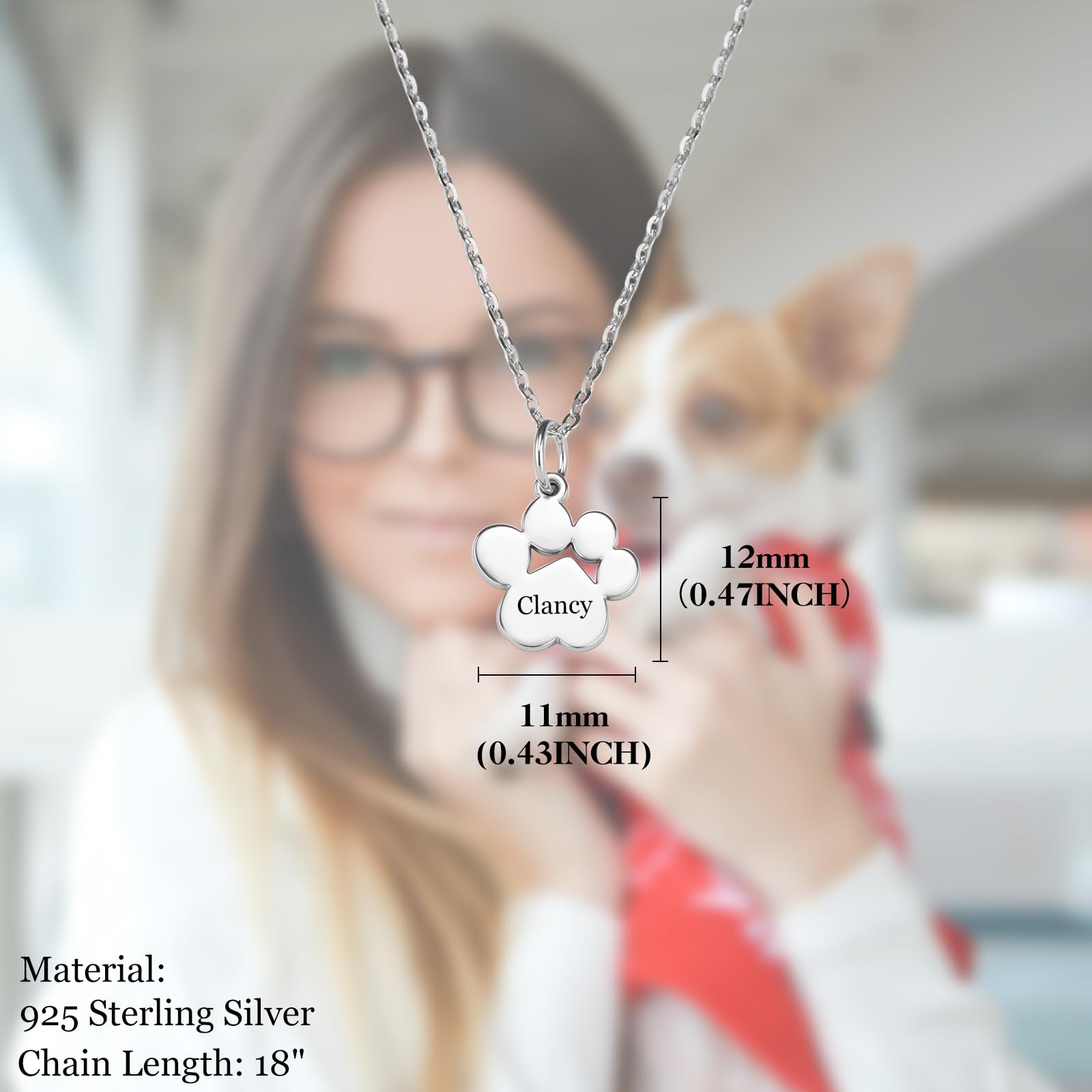 INBLUE Collar Personalizado Conmemorativo para Mascota, Colgante Pata de Perro para Mujer, Joya con Huella Grabada Nombre, Acero Inoxidable/Plata de Ley, Regalo para Amantes Mascota
