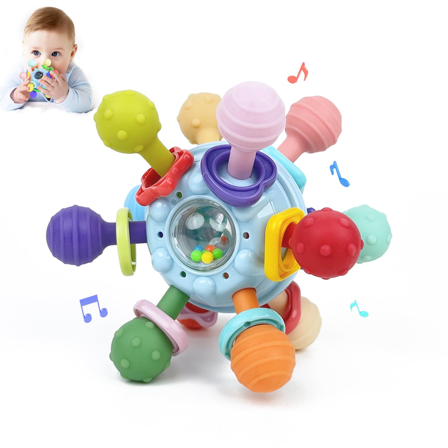 Beißspielzeug Baby ab 3 Monate, Sensorik Rassel Greifball Babyspielzeug aus Silikon, Montessori Motorikspielzeug Baby Geschenk ab 0 6 9 Monate 1 jahr (Blau)