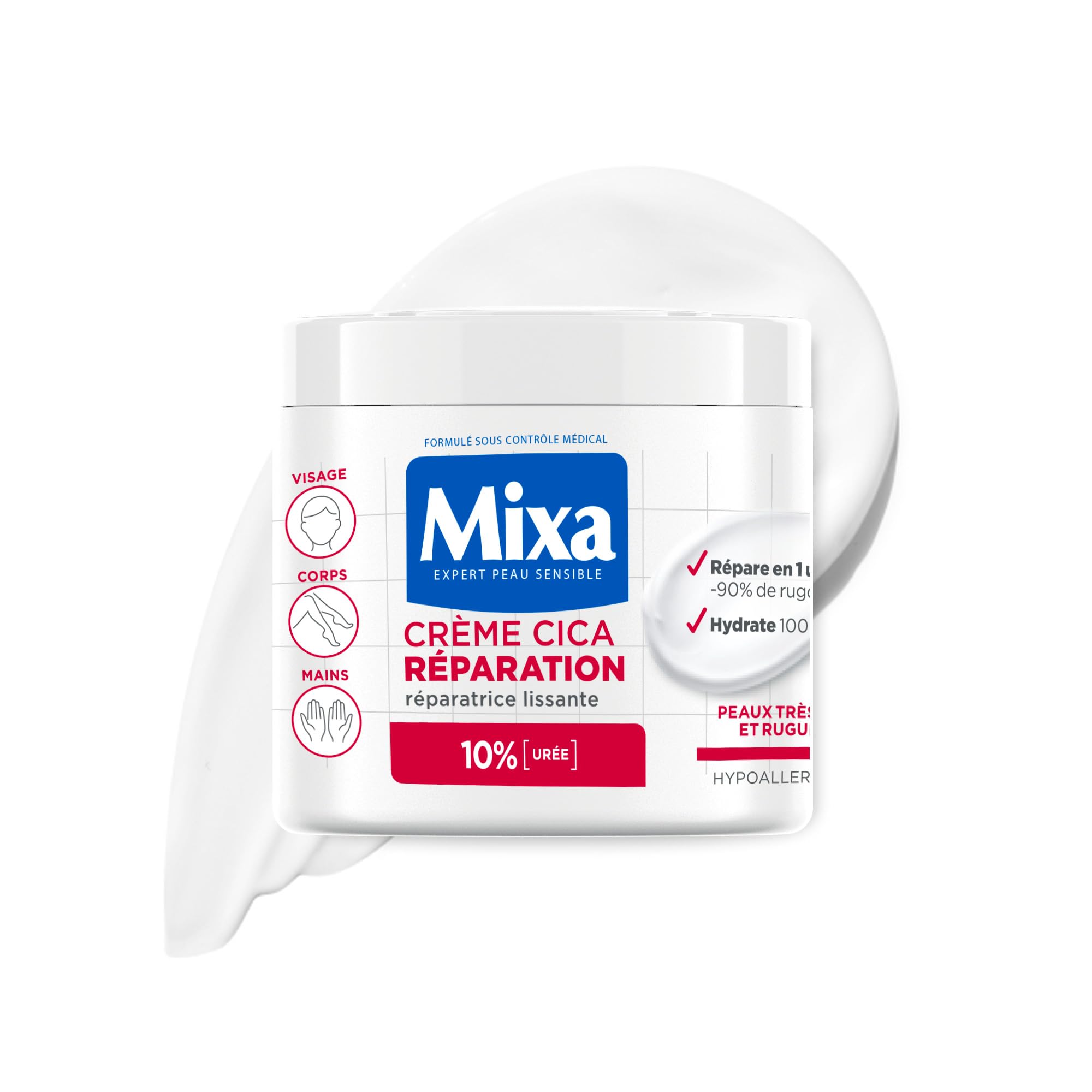 Le pot de 400ml de la Crème Cica Réparation Mixa, mettant en avant sa texture et sa contenance.