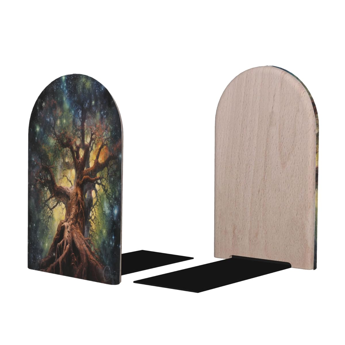 (2 PCS/1 Pairs) Wood Bookends Starry Sky Tree Space Decorative Wood Bookends for Student School Shelves Kids Room Desk Home Office Book Stoppers for Holiding Books 5x3 Inch