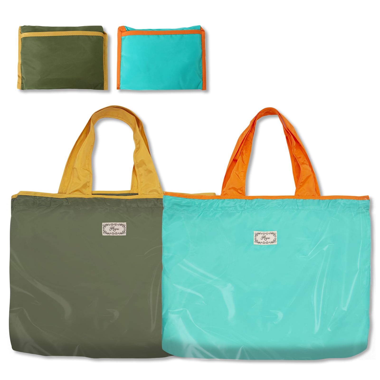 Long Keeper 2 Pcs Foldable Shopping Bag Drawstring Reusable Grocery Bags Large Washable Portable Folding Tote Bag in Pouch for Daily Shopping Travel Household (2, Army Green+Lake Blue)