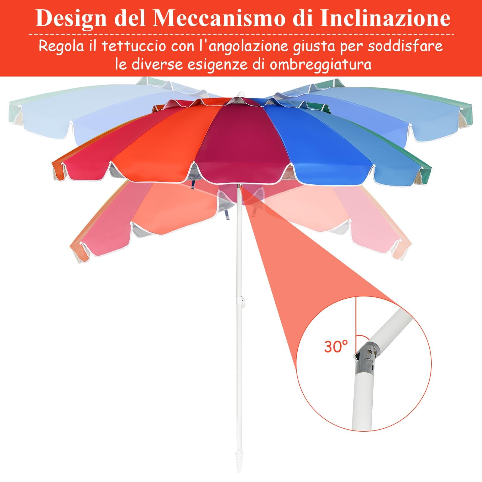GYMAX Ombrellone da Spiaggia Antivento 220cm, Ombrellone da Mare Inclinabile e Portatile con Copertura Impermeabile e Resistente ai Raggi Solari UV, 16 Stecche (Colorato, 220CM)