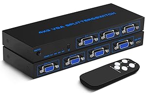 4-Port Powered VGA Splitter: 4 PC to 3 Monitors/Projectors, VGA Video Switch Box with Remote