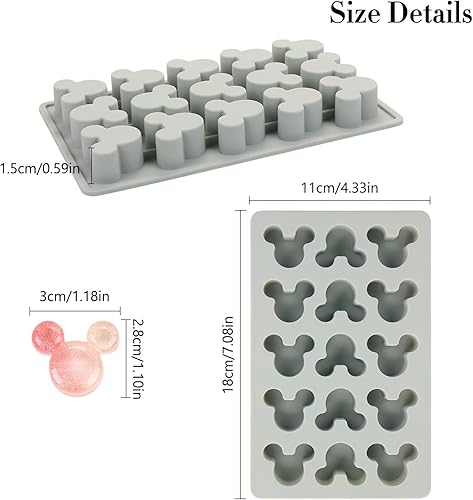 Miniatura 2 de Paquete de 2 moldes de silicona para ratón, 15 cavidades antiadherentes, para cubitos de hielo, gomitas de chocolate y dulces (gris-rosa)