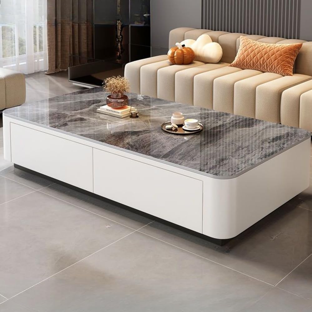 LITFAD Contemporary Rock Board Coffee Table with 2 Wood Drawers Carbon Steel Cabinet Feet Living Room Table for