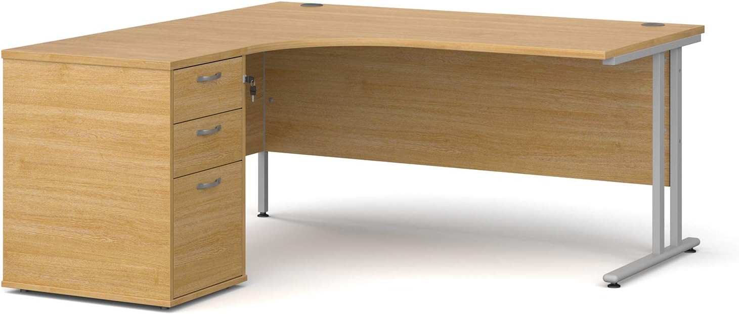 BiMi 1600mm Ergonomic Oak Left Hand Corner Desk with 3 Draw Desk High Pedestal