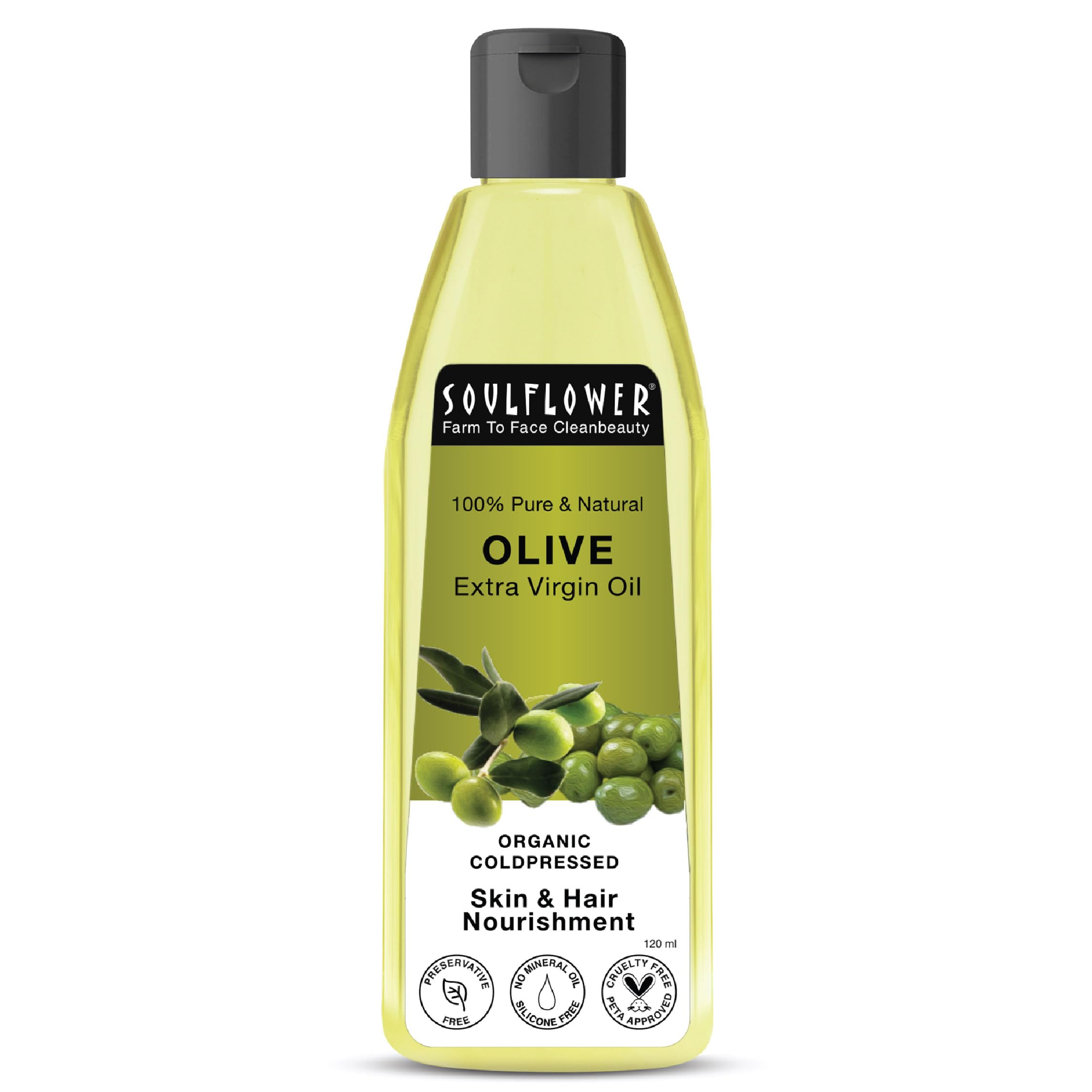 Soulflower Extra Virgin Olive Oil For Hair & Skin | Cold-Pressed for Hair Growth, Anti Hair Fall, Damaged Hair Repair, Fine Lines & Wrinkles | Makeup Primer, Lip & Heel Moisturizer | 100% Pure & Natural for Men & Women – 120ml