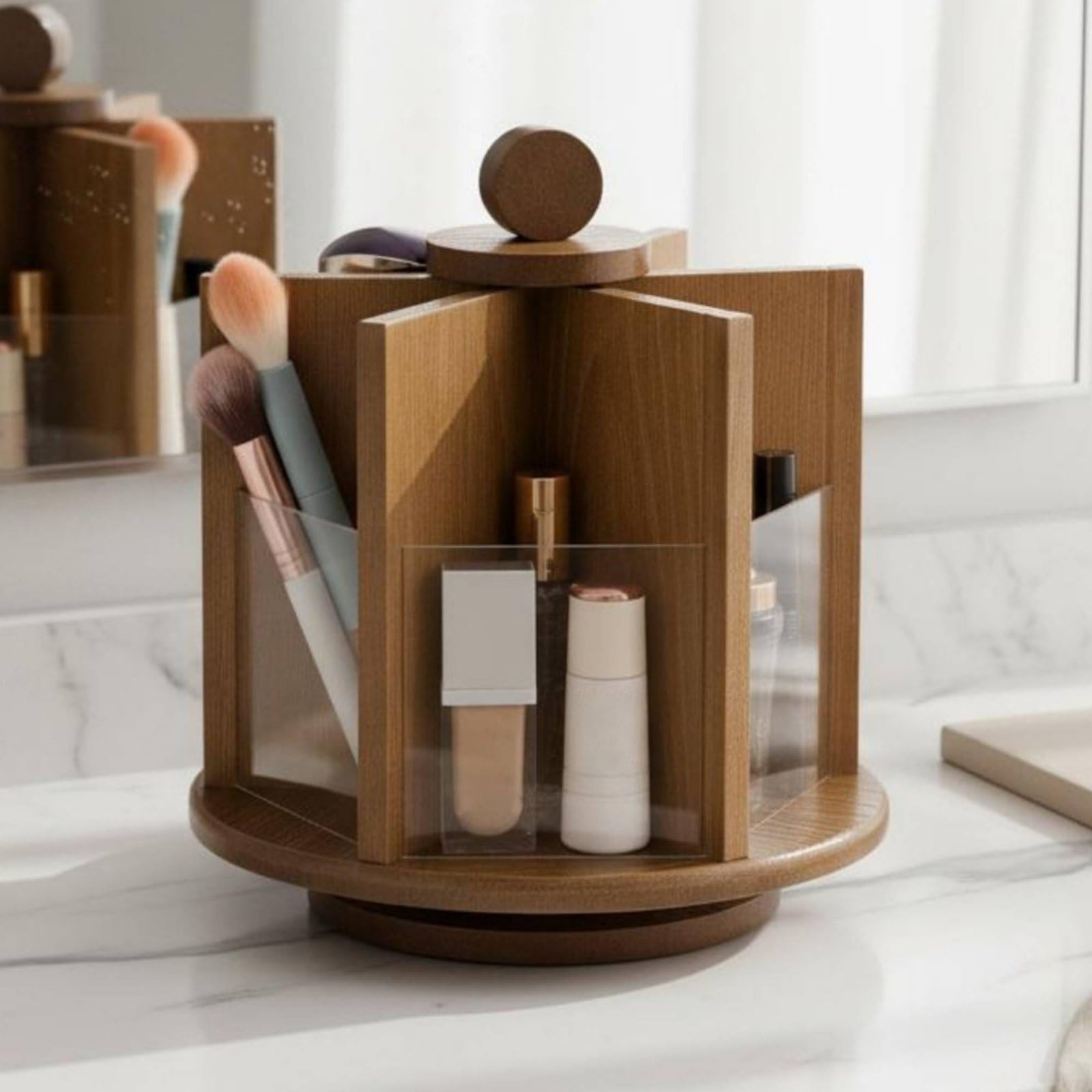 Organizer Rotante Porta Cosmetici Porta Trucco Porta Pennelli Porta Gioielli Realizzato in Bambù E Acrilico con Rotazione a 360 Gradi Adatto per Donna Scrivania Casa, Brown
