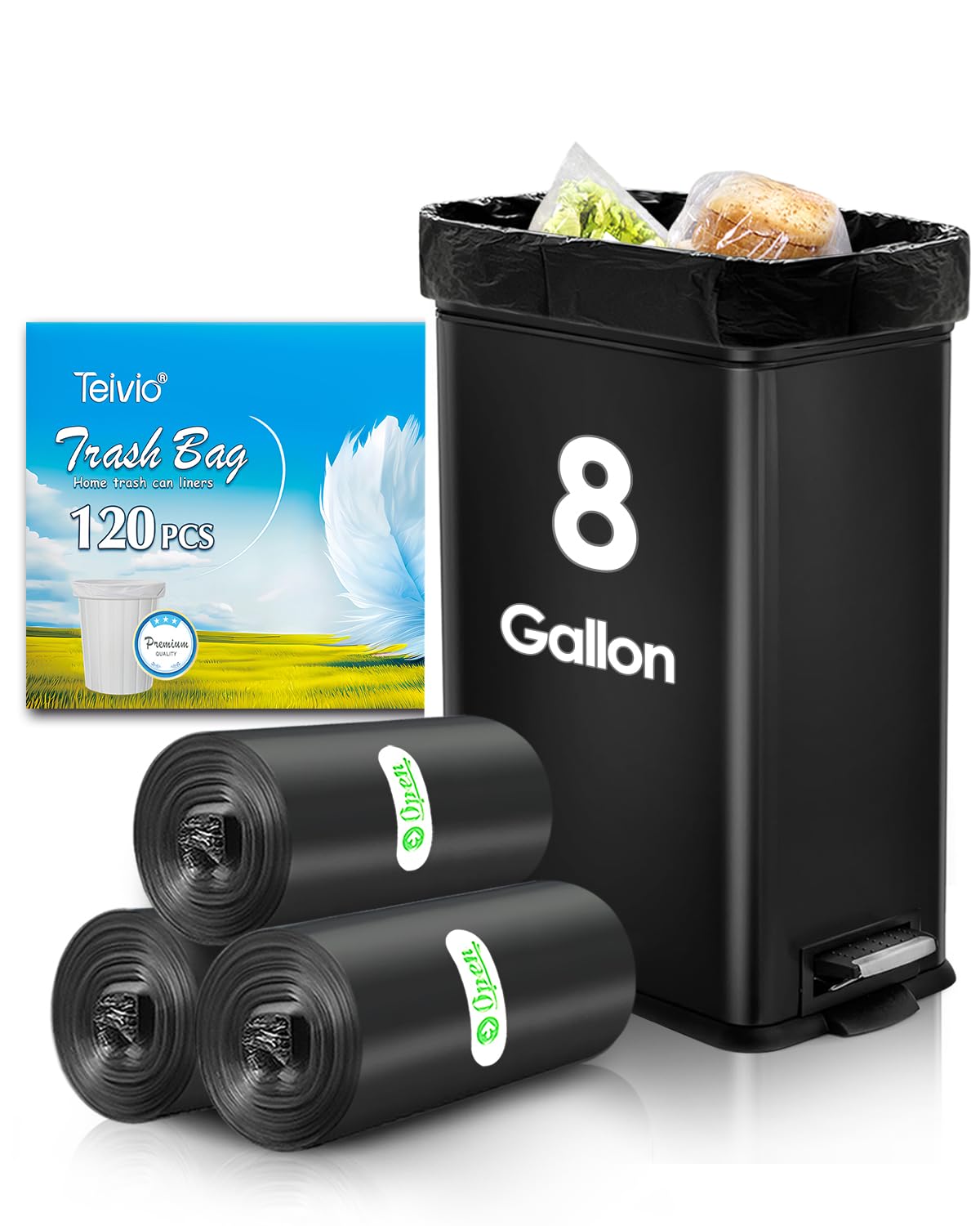 Teivio Medium Black Trash Bags 8 Gallon 330 Count Kitchen Garbage Bags