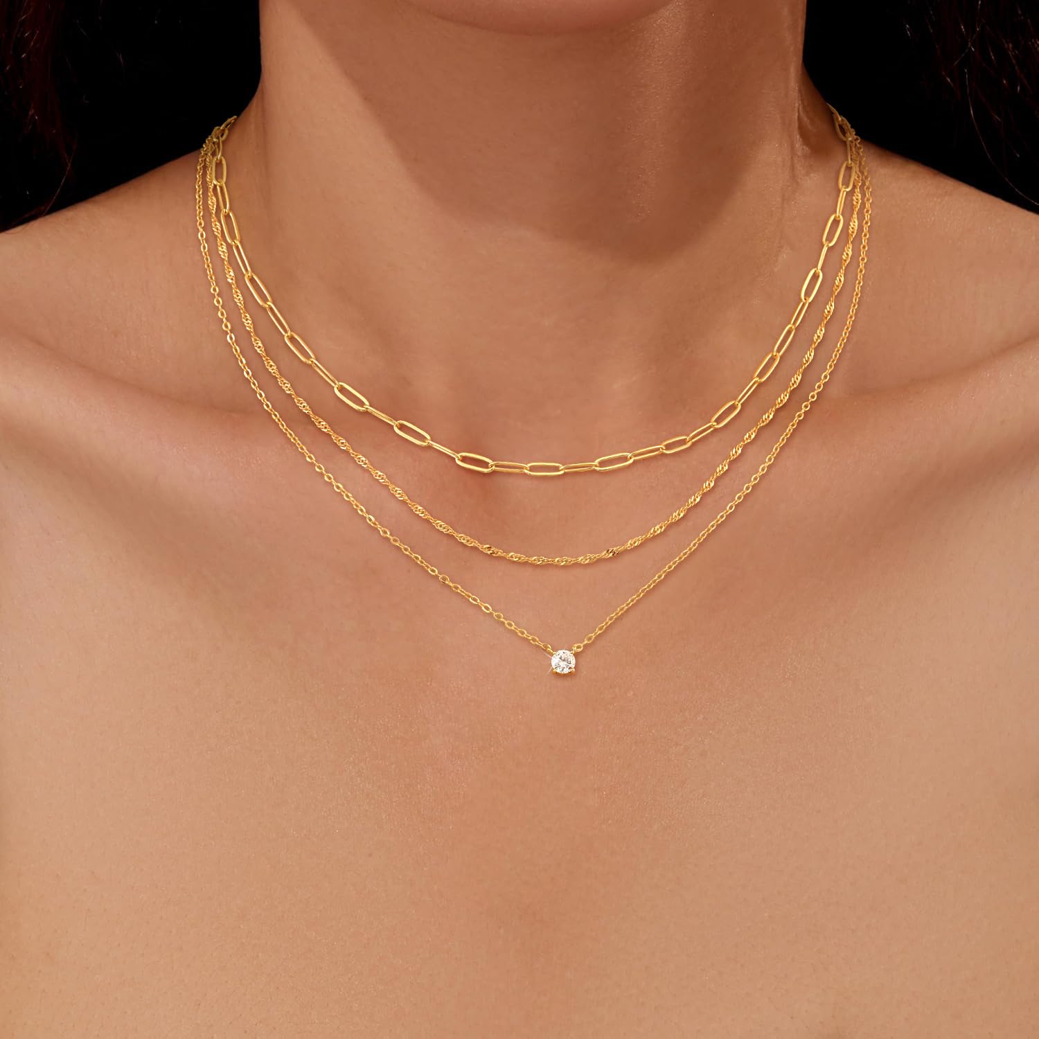 Collares escalonados chapados en oro de 14 quilates para mujer, delicado collar de cadena chapada en oro y plata, collar con colgante de circonita cúbica, gargantilla ajustable en capas, regalo 2