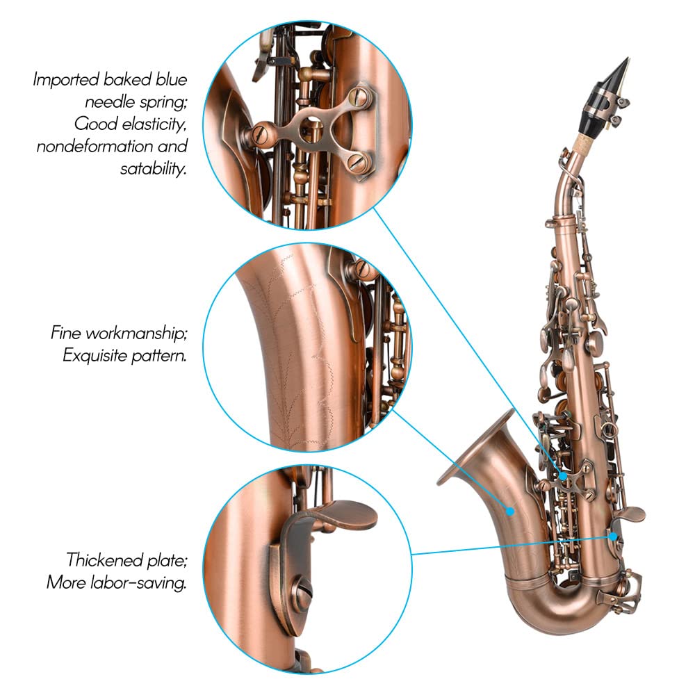 Sassofono soprano,Rosso antico sassofono soprano chiave in Sib Strumento a fiato in ottone Materiale con custodia per il trasporto Supporto per sax Reed Guanti per pulizia Spazzola per stoffa Ci