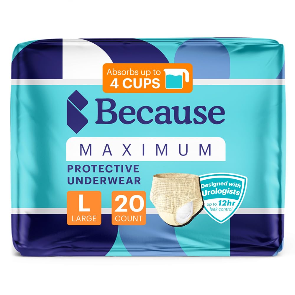 Because Discreet Maximum Adult Incontinence & Postpartum Underwear for Women, High Absorbency, Disposable, Absorbs Up to 4 Cups, Beige, Large, 20