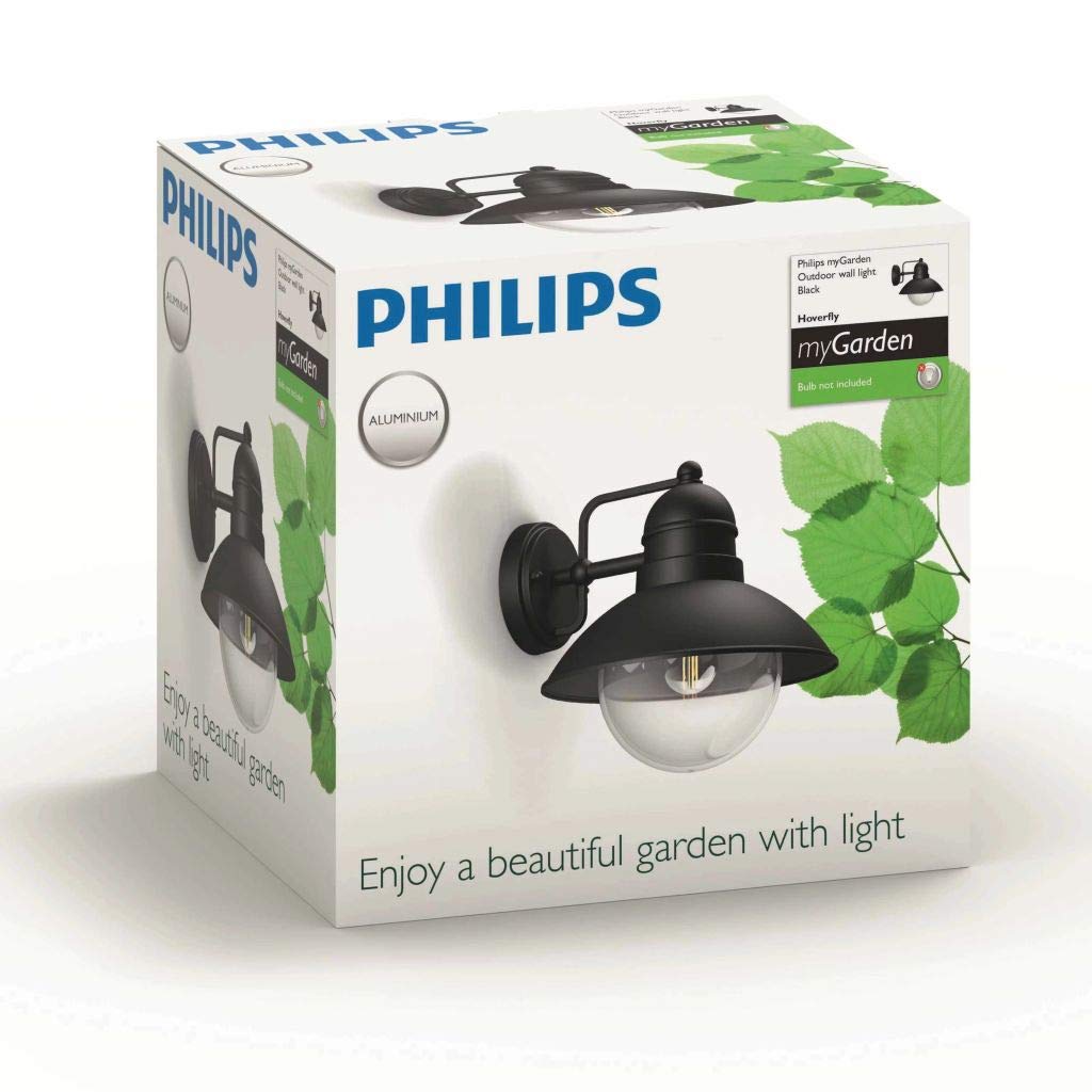 PHILIPS Hoverfly Aplique de Pared Exterior, IP44 Resistente a la Intemperie, Duradero, Aluminio, Diseño Clásico, Negro, Bombilla E27 Se Vende Por Separado