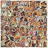 レトロハロウィンステッカー 100枚、ノートパソコン、ウォーターボトル、携帯電話、スクラップブック、日記帳などに最適な、耐久性のある防水ビニールステッカー (ハロウィン)