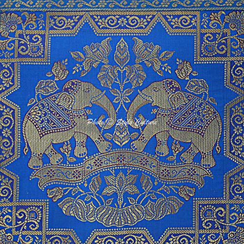Image of Decorative Brocade Cushion Cover 16x16 Inch Banarasi Jacquard Weave Turquoise & Gold Living Room Decor Elephant Traditional Square 40x40 cm Zippered Sofa Settee Pillowcase -1 Pc