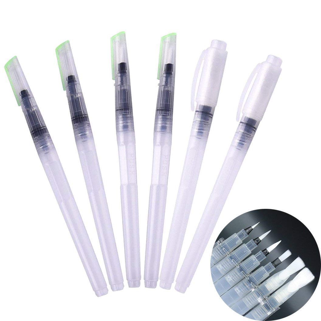 MentorKids 6Peices Refillable Paint Brush Water Color Brush Soft Watercolor Brush Ink Pen for Painting Calligraphy Drawing Art Supplies