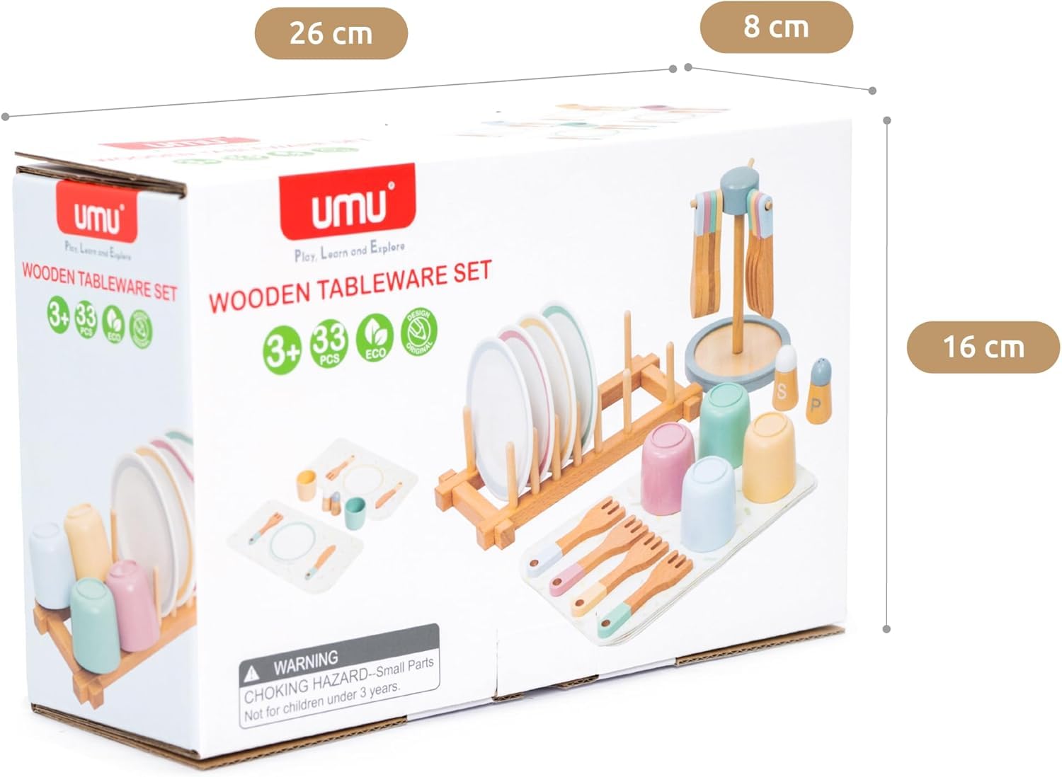 ® Juego de platos grandes de madera – Vajilla de 28 piezas para la cocina de juego de niños con platos, vasos, cubiertos y tendedero – Accesorios de cocina de juego de simulación para niños de 3 4 3