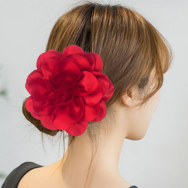 Image of Dainty Fabric Rose & Camellia Flower Oversized Brooch Pins & Hair Clip - Large Lapel Pin, 4.3in /7.5in