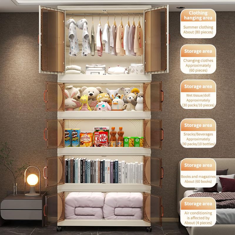 Image of EXVITO Modular Plastic Wardrobe for Bedroom | 1 Tier+3 Bins Foldable Cupboard with Hanging Rod | Stackable Storage Almirah for Clothes with Wheels | Multi-Layer Plastic Storage Cabinet -Trans 713