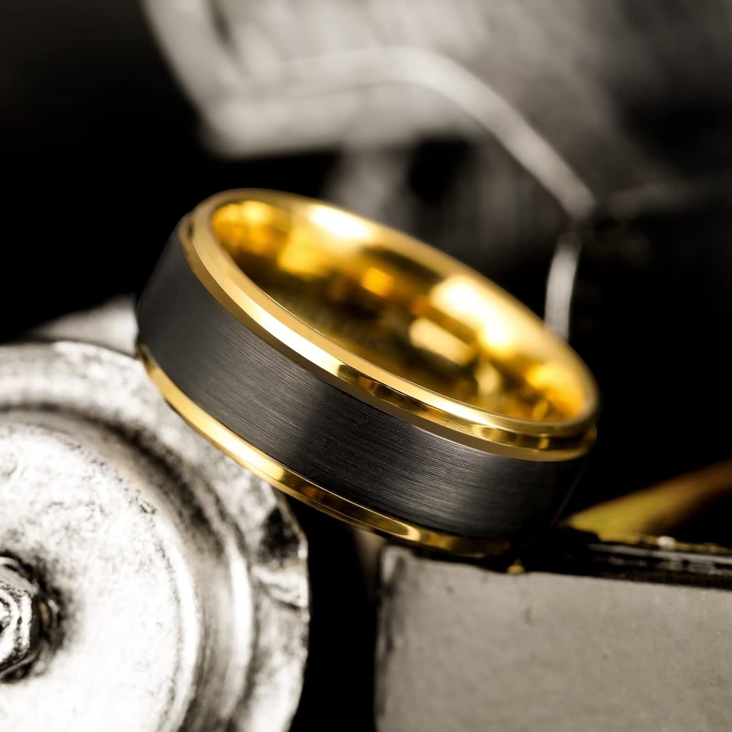 King Will Mens Brushed Wedding Band, Two Tone Matte Step Edges/Pipe Cut, Tungsten Carbide Anniversary Promise Rings Comfort Fit - Image 3