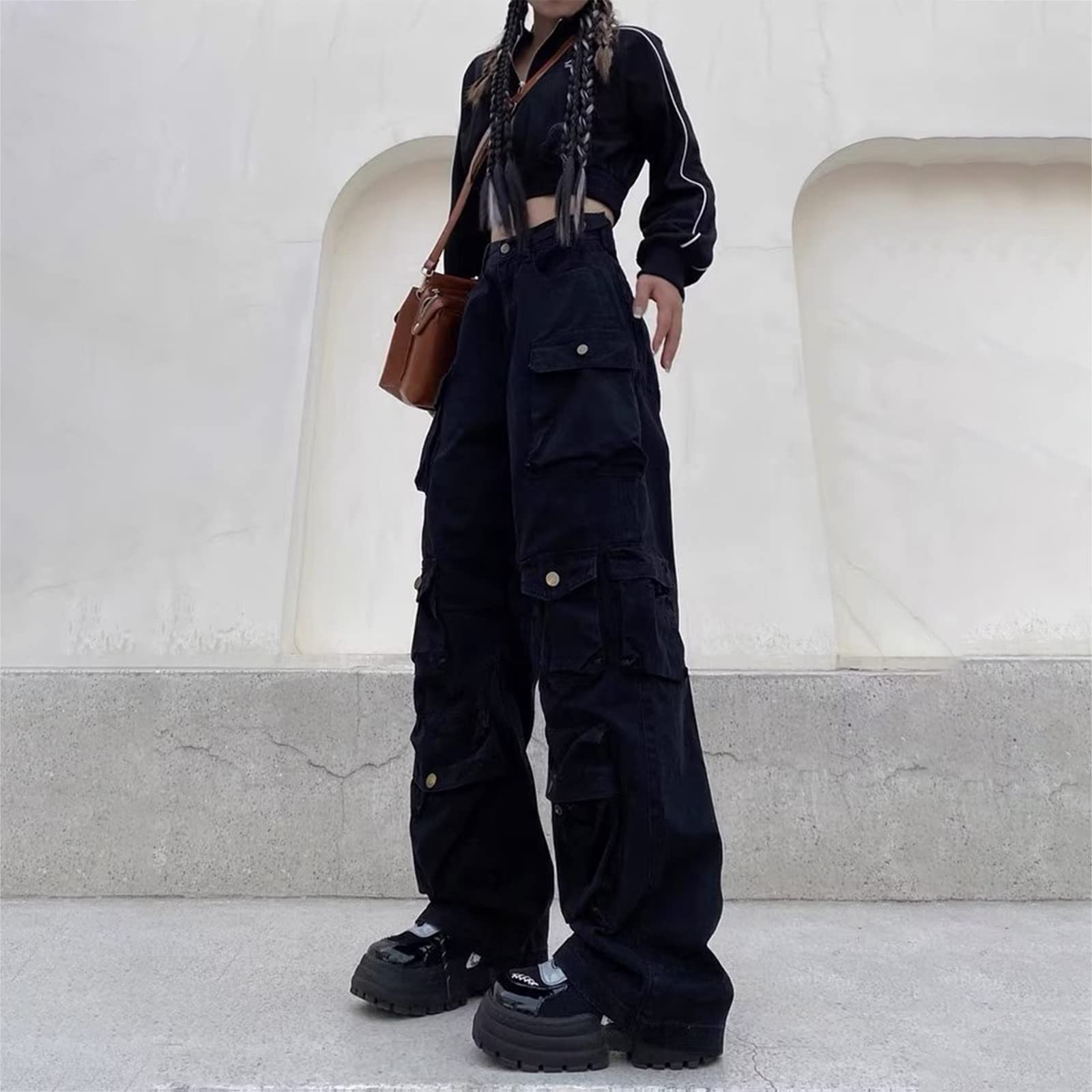 Générique Femme Pantalon Casual Cargo Pantalon Gothique Pantalon Punk Pantalon Danse Bas de Survêtement Hip Hop Noir Pantalon de Sport Multi-Poches Streetwear Pantalon Jean Femme Jean Large