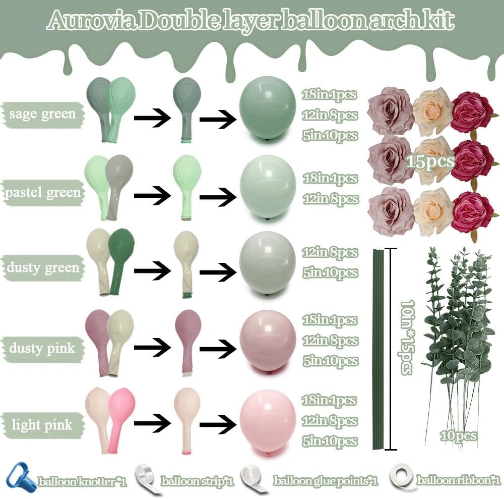 Pink Green Balloon Arch with Artificial Flowers Double Stuffed Dusty Light Pink Sage Green Balloon Garland Kit Eucalyptus Leaves for Baby Bloom Birthday Bridal Shower Wildflower Tea Party Decorations