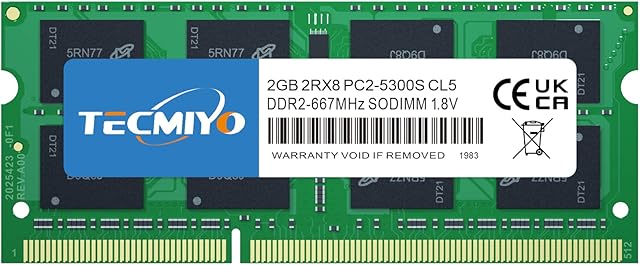 TECMIYO 2GB 2RX8 PC2-5300S DDR2 667MHZ SODIMM DDR2 PC2 5300 CL5 1.8V 200Pin Dual Rank Non-ECC Unbuffered laptop RAM for Intel AMD and Mac computers