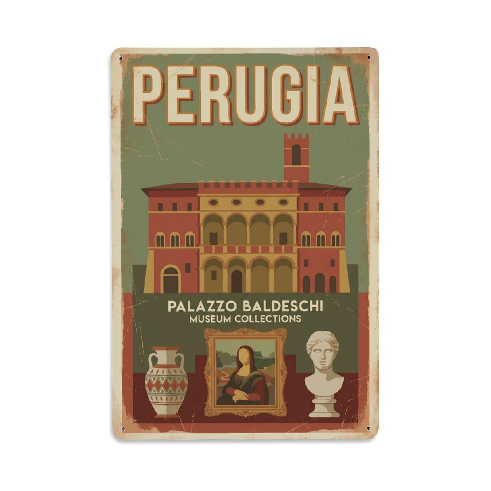 Vintage Travel Perugia Palazzo Baldeschi Italy Metal Tin Sign Plaque Wall Decor for Cafe, Club Bar, Office, Home Garden Metal Poster 8x12Inch