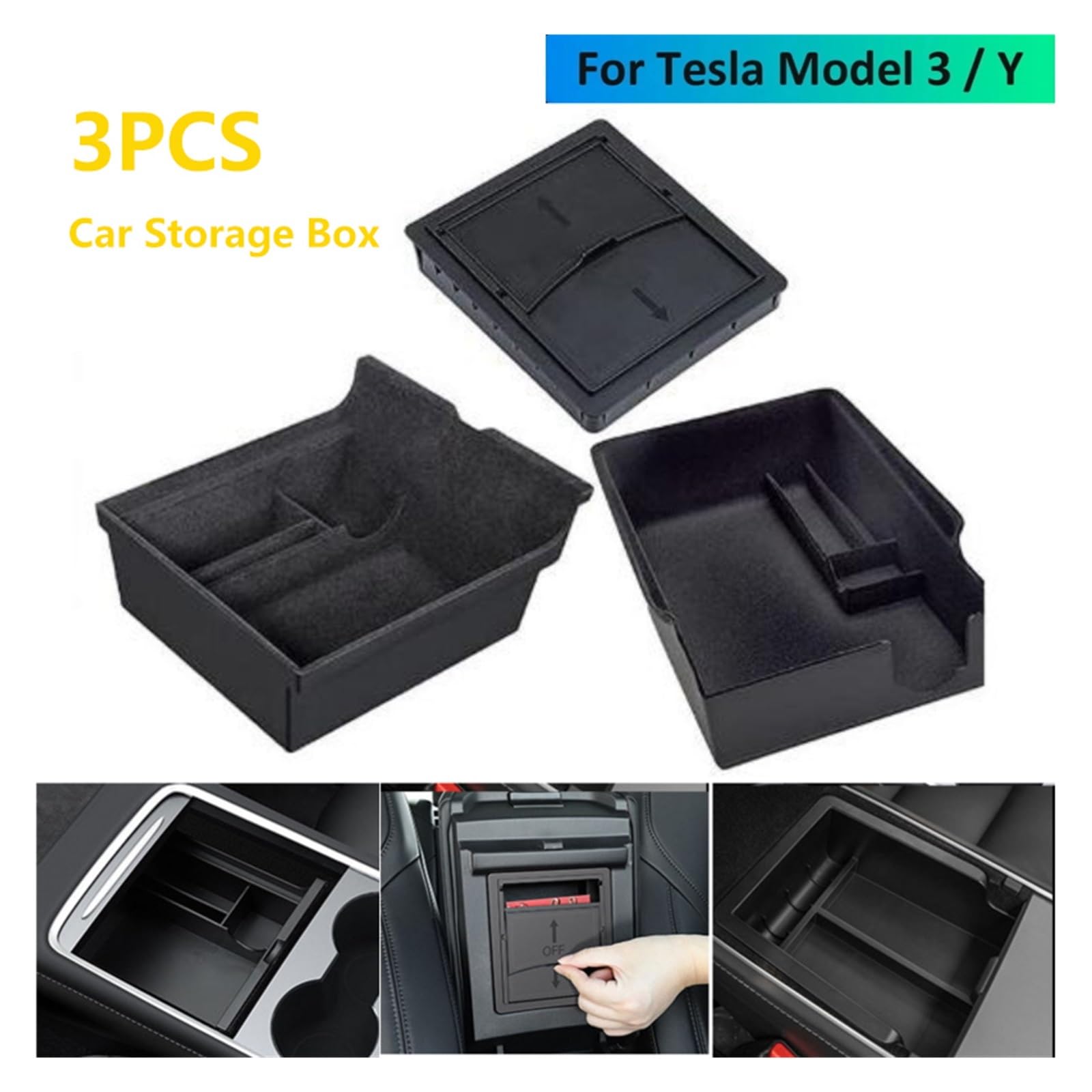 Kit Organizer Console Centrale Floccato 4 Pezzi Per Tesla Model 3/Y 2021-2023, Con Portabicchieri E Cassetto Nascosto