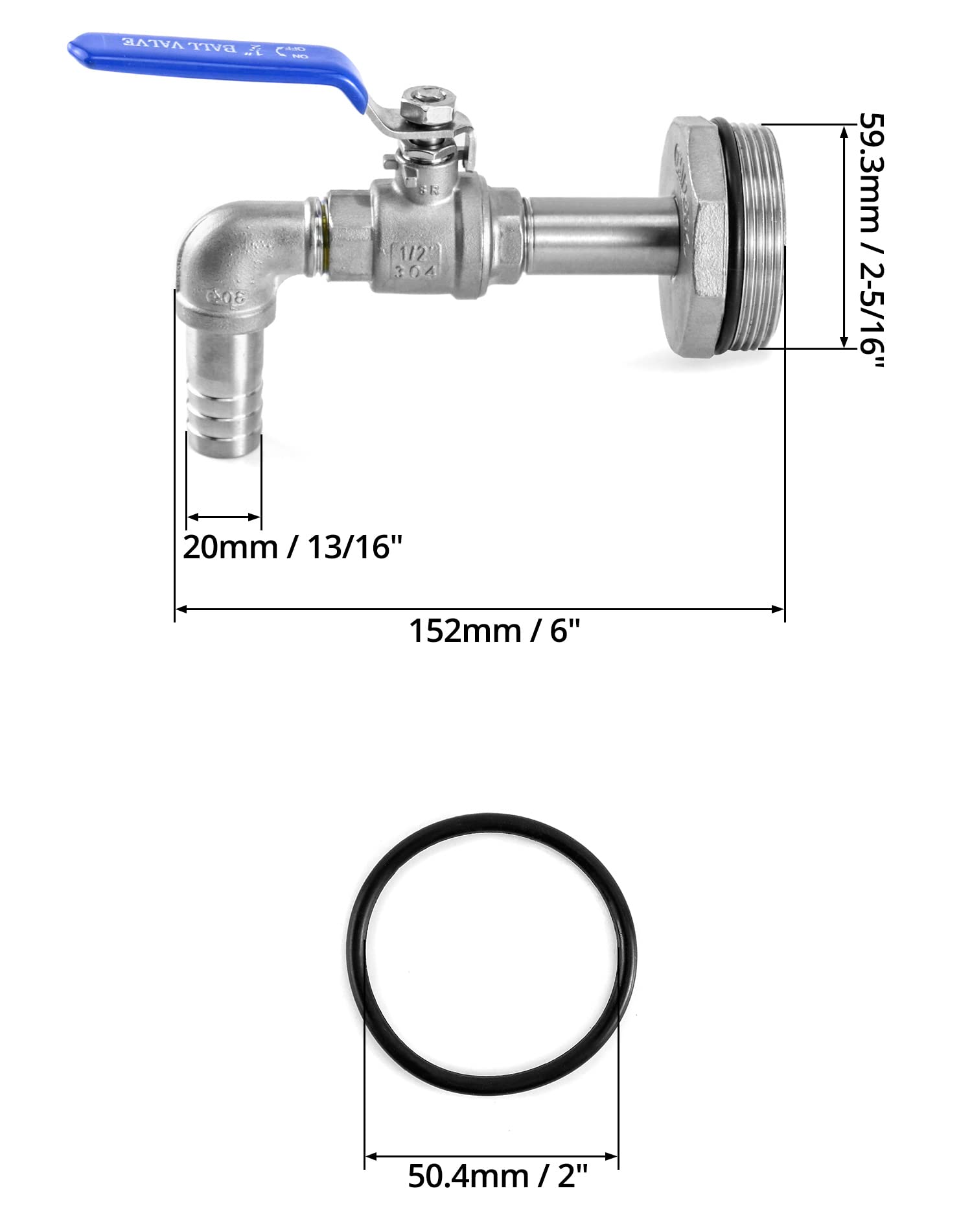 QWORK Rubinetto a tamburo, 2 "in acciaio inox Barrel rubinetto con guarnizione EPDM e 90 gradi 3/4" uscita per 55 galloni tamburo