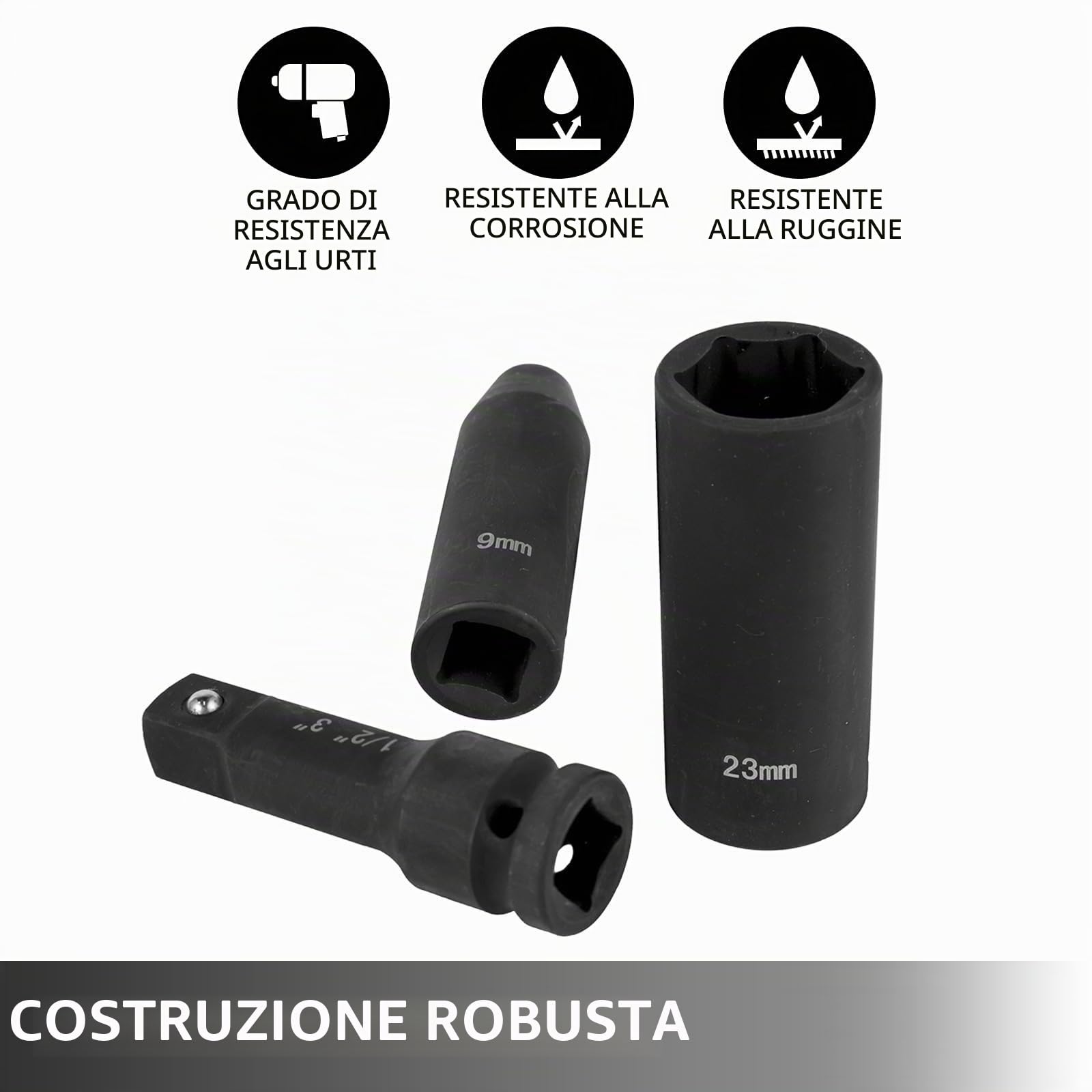 VEVOR Set di bussole a percussione 1/2 pollici Bussole a percussione da 43 pezzi, assortimento di bussole standard, Bussole a 6 punti metriche 9-30 mm (standard/profonda)