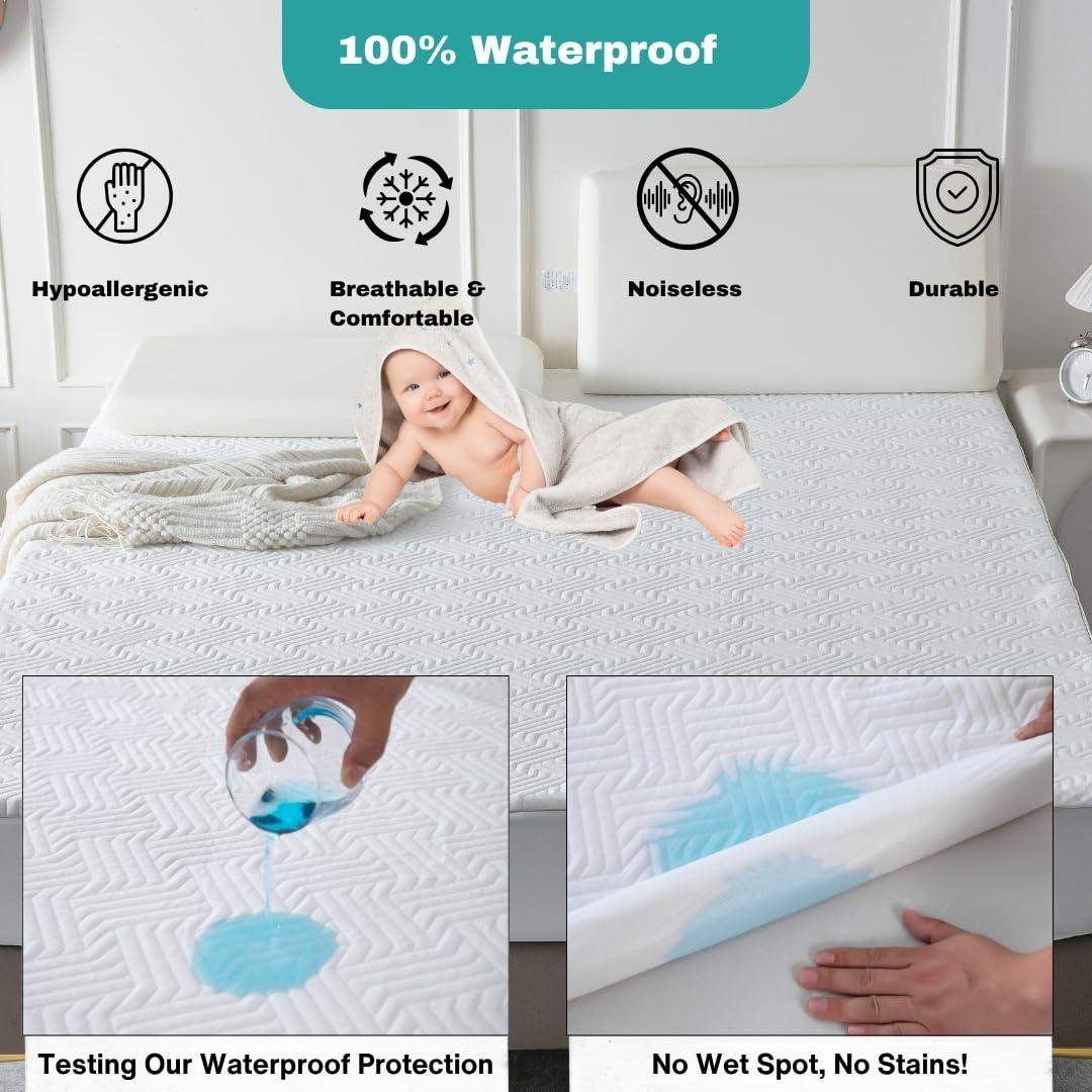 Protector de colchón impermeable de bambú de alta calidad, protección de 5 lados, hipoalergénico, certificado OEKO-TEX, transpirable, silencioso, se adapta hasta 18 pulgadas (matrimonial)