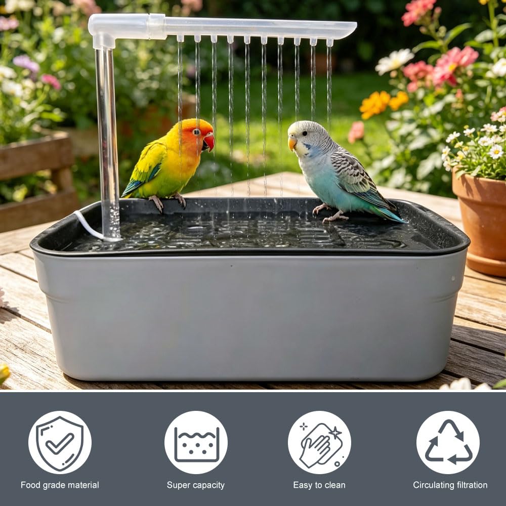 Vogeldusche Wellensittich, Automatische Vogel Dusche mit Wasserzirkulation, Elektrisches Vogelbad für Sittiche, Nymphensittich & Papageien, Vogel Badehaus Badewanne für Käfig, Grau