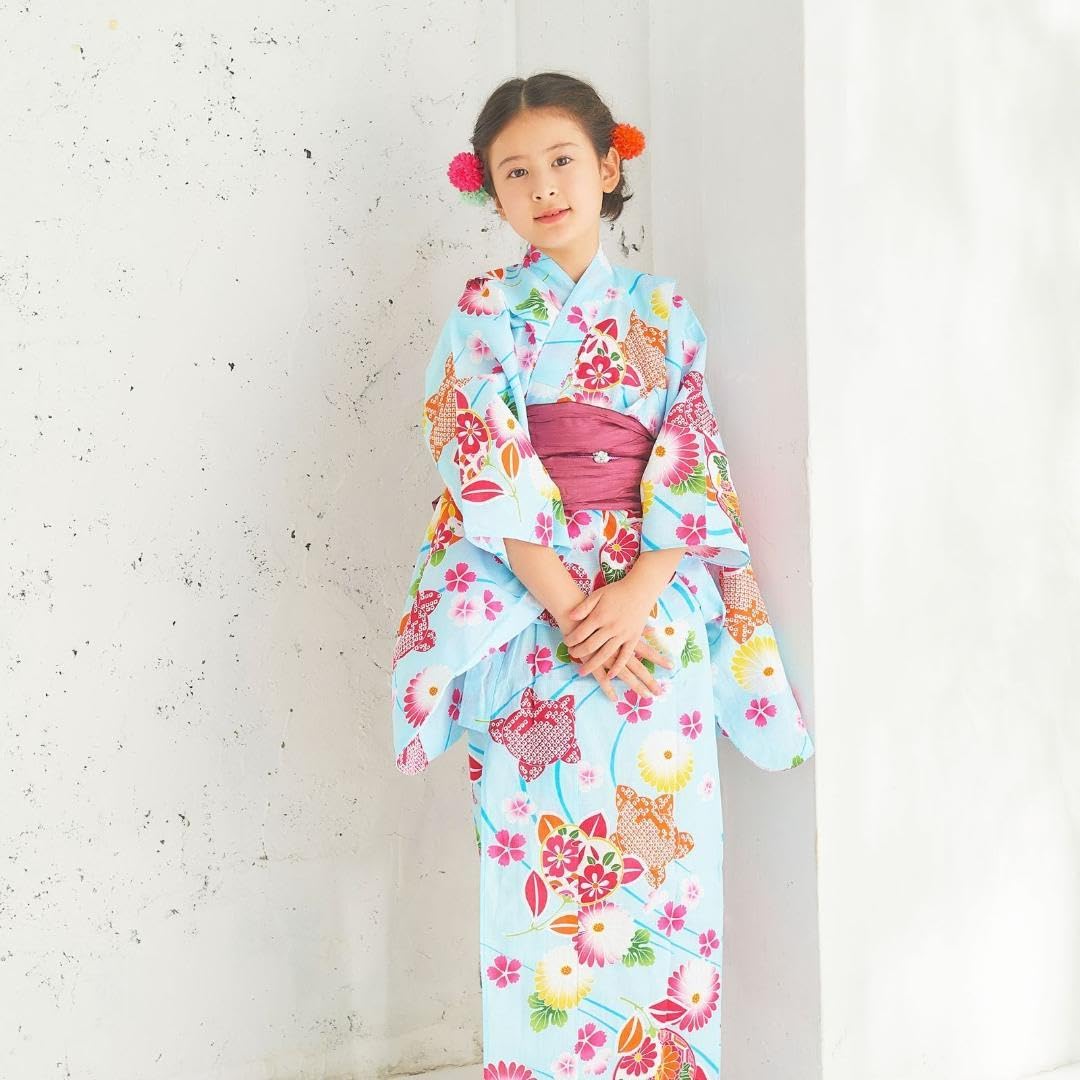 Amazon.co.jp: キッズ 子供 浴衣 ゆかた 単品 青 水色 花柄 100cm 