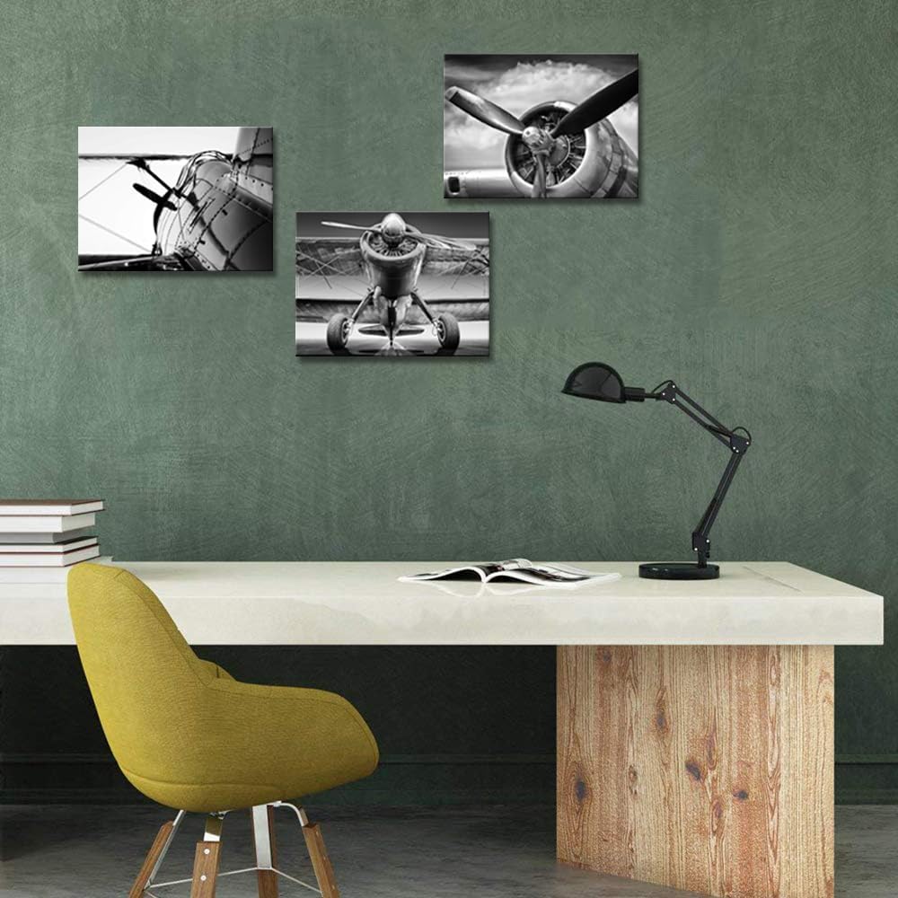 Derkymo Black and White Aircraft Art 3 Piece Old Plane Picture Wall Decor Retro Plane Picture Stretched and Framed Giclee Artwork for Home Decoration 12"x16"x3 Pieces