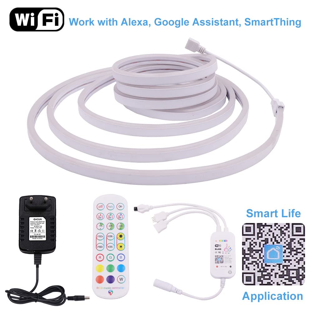 8m Luz de Neón Flexible de 12 V Tira LED RGB Impermeable con Sincronización de Música de Controlador WiFi Remoto Regulable, APLICACIÓN Smart Life Trabaja con Alexa Google Assistant SmartThing