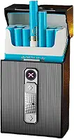 Estojo para Cigarros com Isqueiro de Arco Duplo Usb Recarregável, Suporte para Caixa de Cigarros, Tamanho King, Pacote Portátil, Comporta 20 Cigarros de Tamanho Normal (Preto)