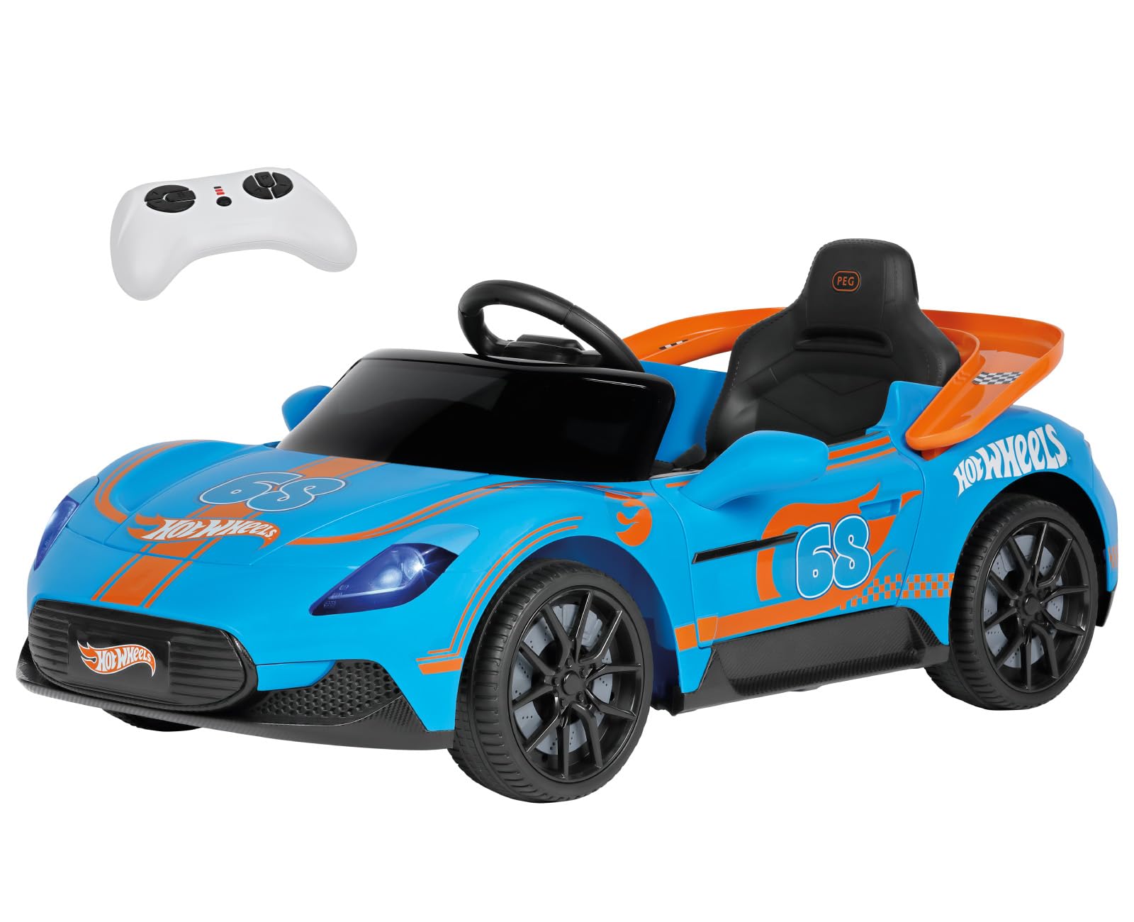 PEG Hot Wheels RC Voiture Électrique 12V pour Enfants avec Télécommande, Conduite Manuelle, Piste Intégrée, Portes Ouvrantes, Lumières et Sons, Âge 18+ Mois