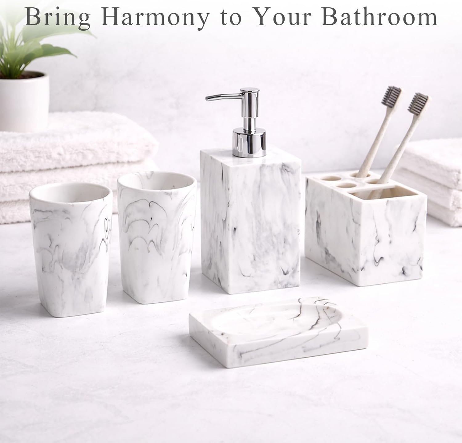 5 Piece Bathroom Accessories Set, Marble Resin Bathroom Vanity Set, Soap Dispenser, Toothbrush Holder, Soap Dish & 2 Tumblers, Bathroom Countertop Organizer Set (Ink White)