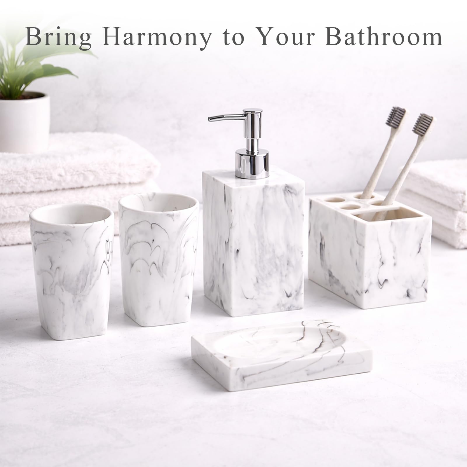 Juego de 5 accesorios para encimera de baño, dispensador para jabón líquido o loción, jabonera, soporte para cepillo de dientes y 2 vasos, resina con patrón de mármol (tinta blanca)