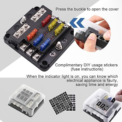 Miniatura 4 de ASUBHA Bloque de fusibles marinos de 6 vías, bloque de fusibles impermeable de 12 V con indicador LED, soporte de caja de fusibles automotriz de 12