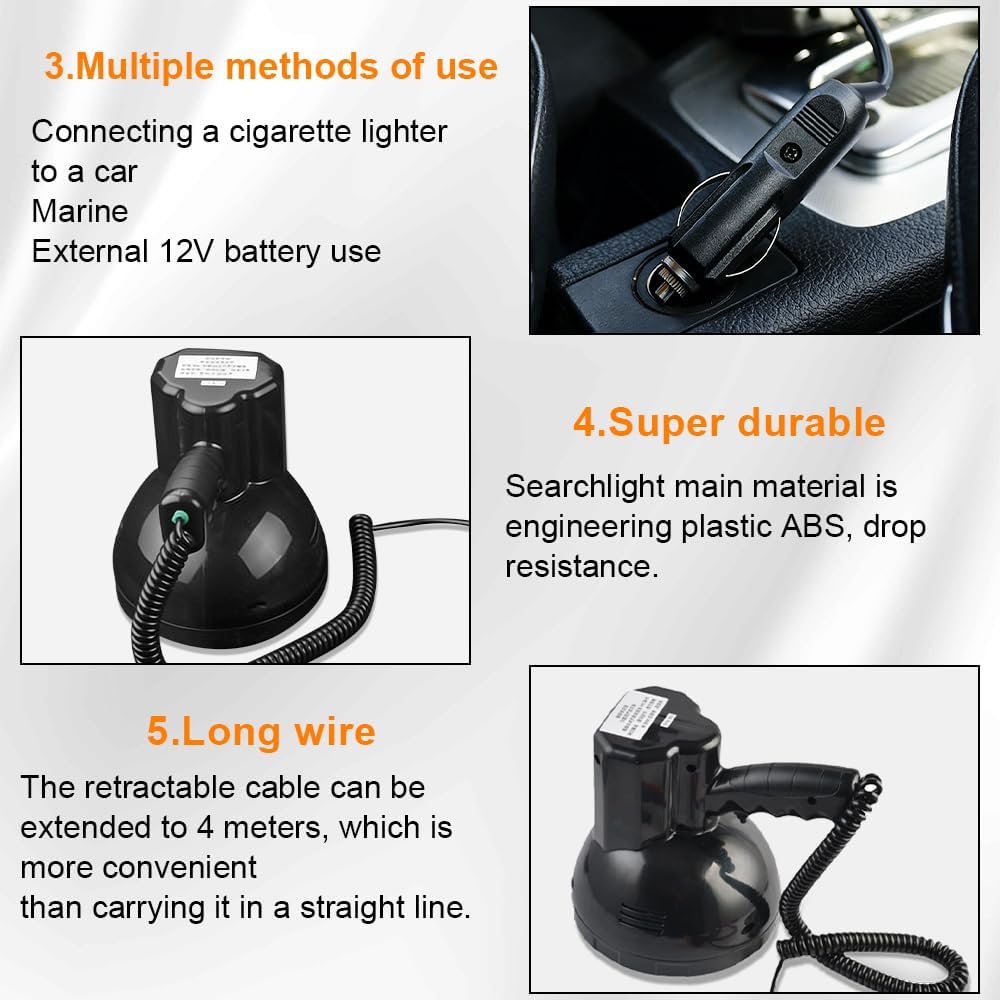 12V Super Bright HID Handheld Spotlight, 220W Xenon Searchlight for Boat Marine Hunting Night Fishing Emergency Rescue & Long-Range Illumination