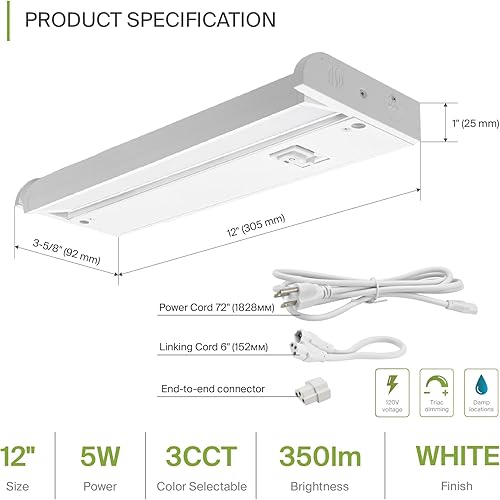 Miniatura 2 de ASD Iluminación LED giratoria para debajo del gabinete, 12 pulgadas, 5 W, cableado o enchufable, 2700 K/3000 K/4000 K, interruptor de alta/bajo