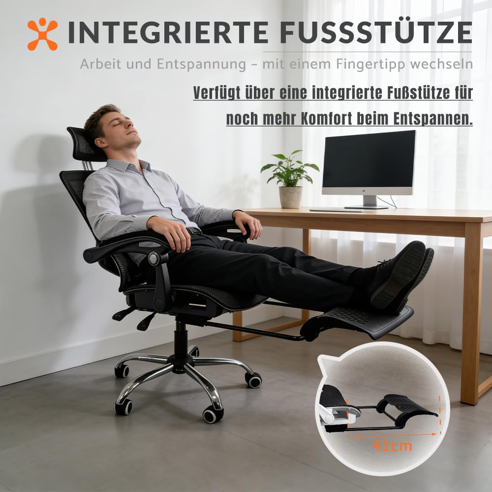 Ergonomischer Bürostuhl mit Lendenwirbelstütze, höhenverstellbarer Chefsessel, Drehstuhl, Netzstuhl