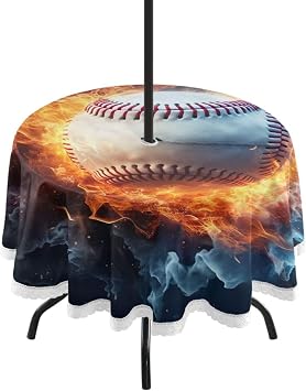 ATTX Baseball Water Fire Outdoor Round Tablecloth - 60 Inch Waterproof Spillproof Indoor/Outdoor Use with Zippered Umbrella Hole for Camping Picnic Beach Party Patio#30
