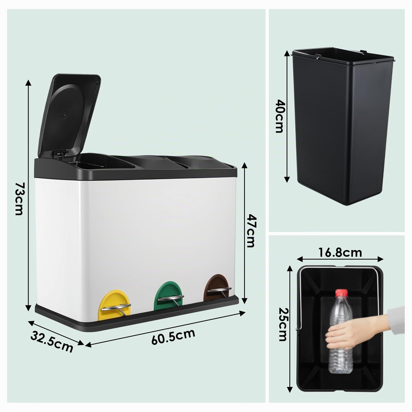 LIFERUN Cubo de Basura reciclaje 3 compartimentos, Papelera triple de cocina con pedal, Cubo de basura cocina de Metal 45 litros (3x15 L), Blanco