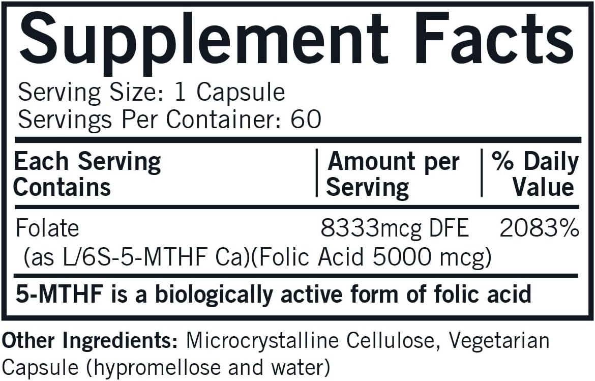 Kirkman 5-MTHF ([6S]-5-Methyltetrahydrofolate) 5 mg - Hypoallergenic | 60 Vegetarian Capsules