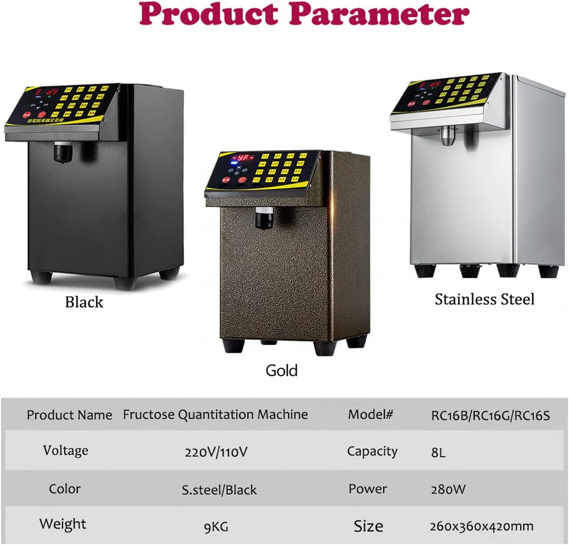 Automatic Fructose Dispenser, 8L Stainless Steel Syrup Fructose Quantitative Machine, 16 Grid Sugar Dispenser Quantitative Memory 110V for Bubble tea, Coffee shop, Dessert (Black)