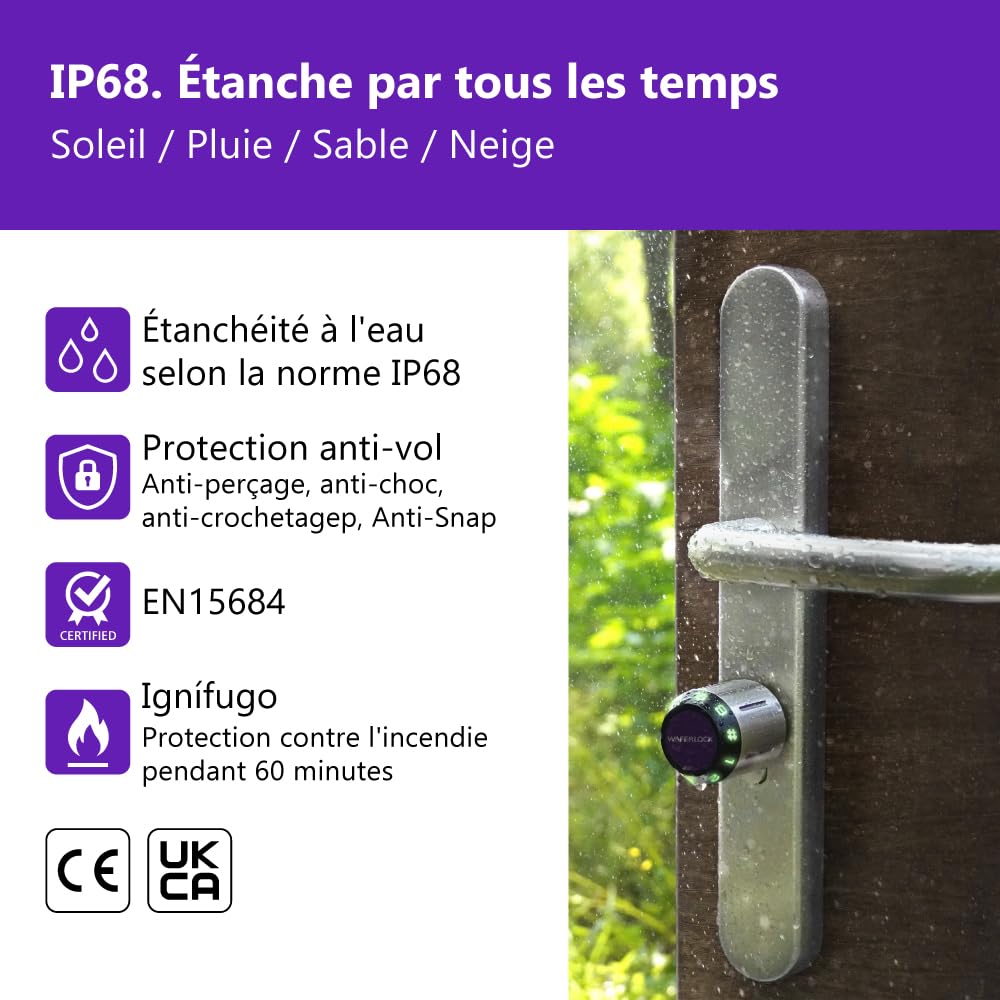 Serrure connectée cylindre européen WAFERLOCK C760, IP68 étanche, résistance au feu, app Bluetooth, badge RFID/code PIN, anti-perçage, 35/35–50 mm (70–85 mm), nickel, EN15684